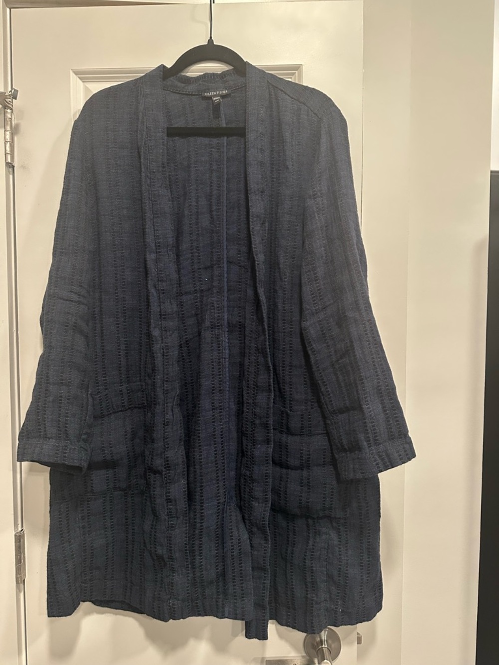 Eileen Fisher Linen Open Front Jacket Navy Minimalist Layering Piece Size M